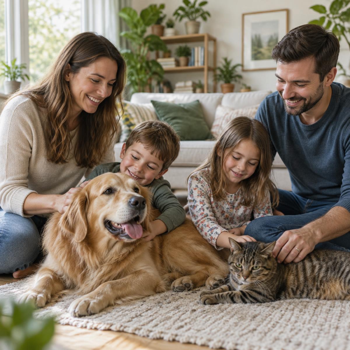 Familia en casa acompañada de su perro y su gato